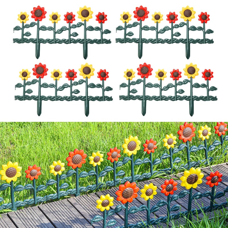 Sungmor Plastic Edgings Garden Picket Fence - Grass Lawn Flowerbeds Plant Borders - Decorative Sunflower Landscape Path Panels - Pack of 4 (Overall Length 98 Inches) - Lightweight & Easy Installation - Image 1